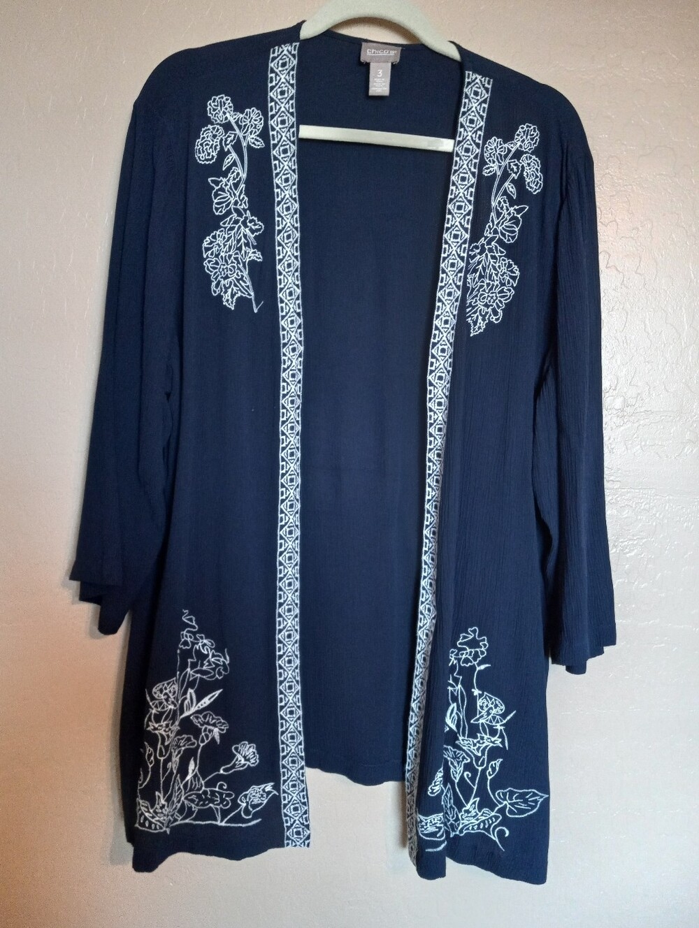 Chico's Floral Embroidered Boho Crinkle Midnight Blue Open Front Cardigan - Picture 1 of 4
